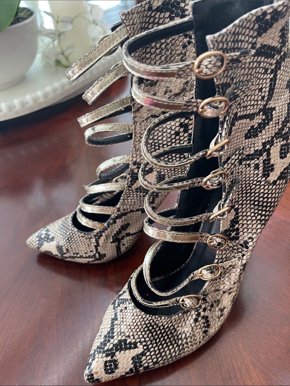 Shoe Republic LA Snake-Print Strappy Pointed Heels in Beige and Black